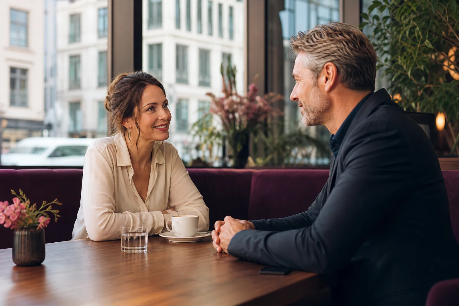 Eine erwachsene Frau und ein erwachsener Mann unterhalten sich am Tisch